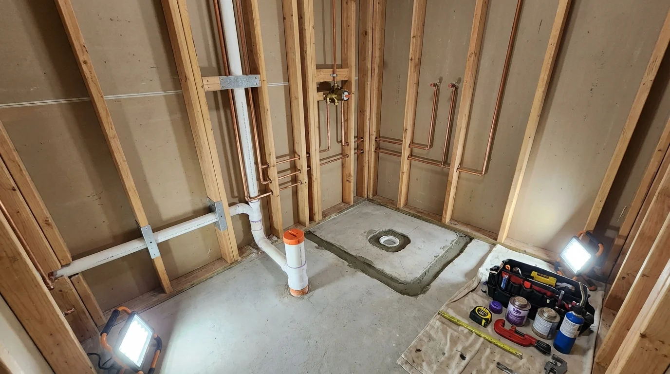 Bathroom rough-in plumbing during remodel by Johns Plumbing LLC in Hilton