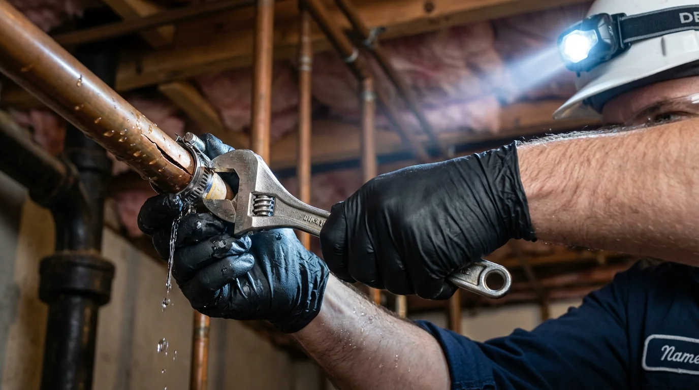 Emergency pipe clamp repair being performed by a Johns Plumbing LLC plumber in Hilton