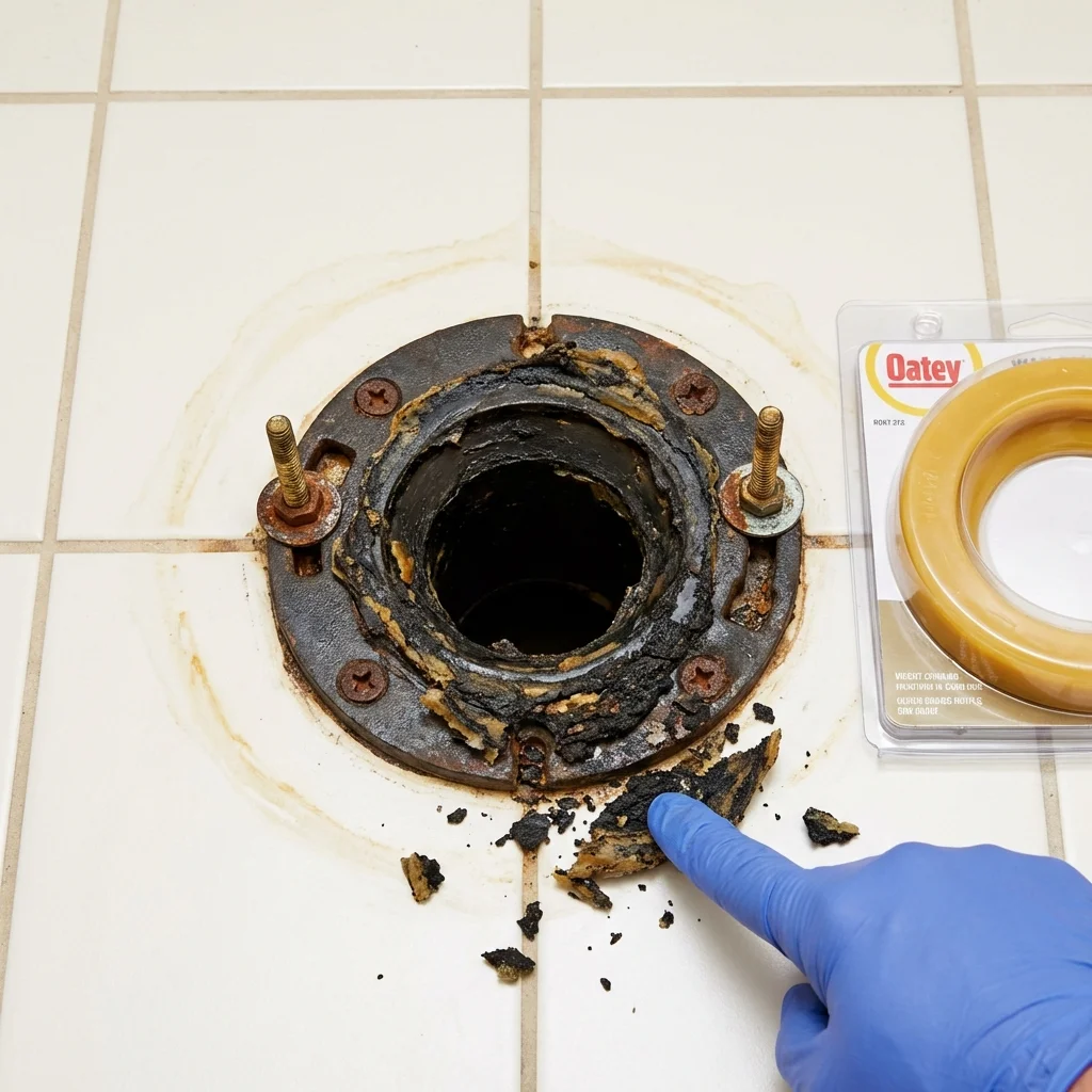 Failed wax ring showing water seepage at the base of a toilet in a Hilton, NY home