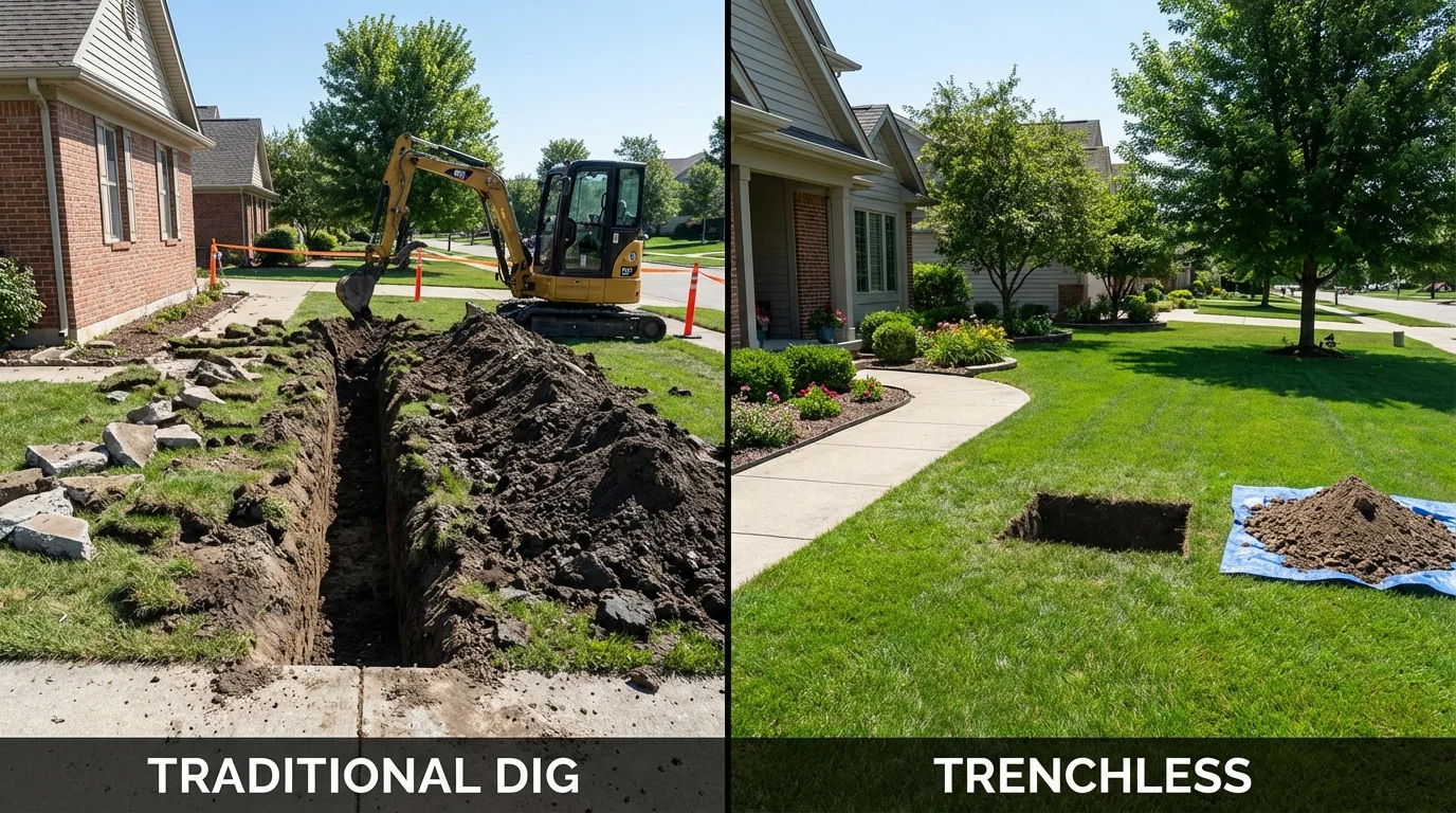 Trenchless sewer repair with minimal yard damage versus traditional excavation in Hilton, NY