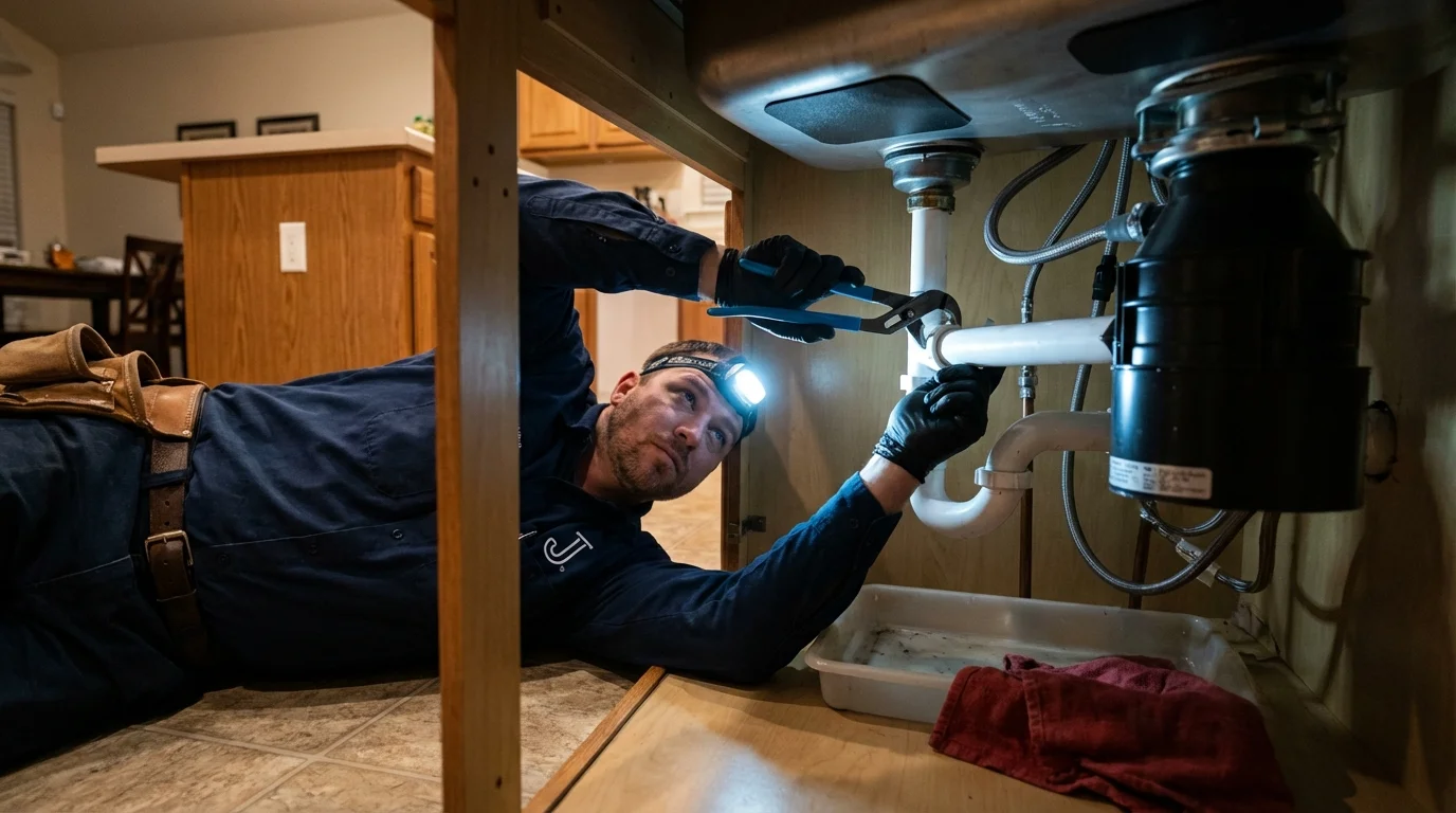 P-trap and supply line connections under a kitchen sink showing a common leak point in Hilton, NY